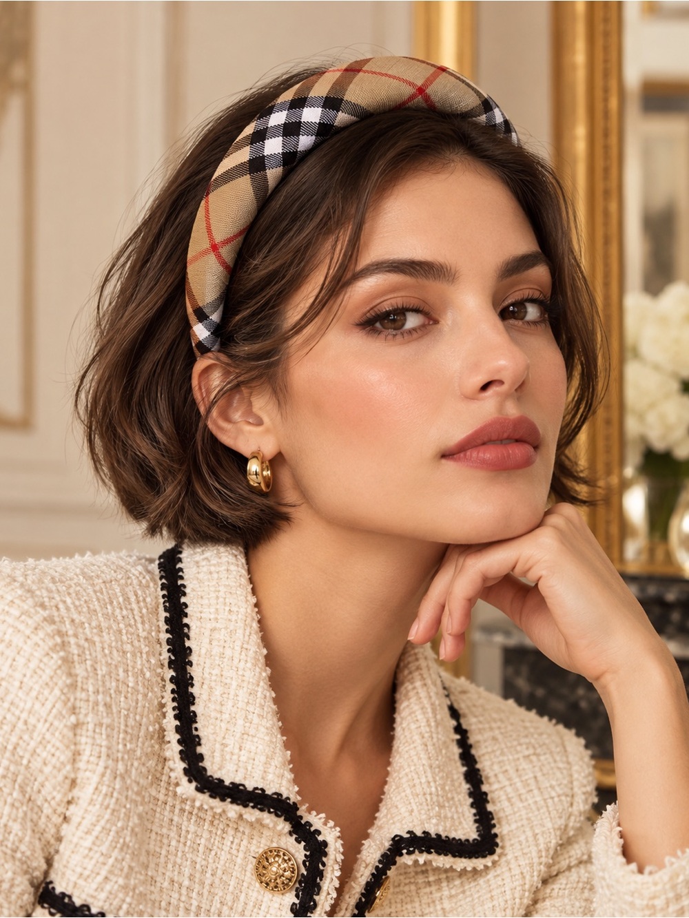 Headband Beige Plaid